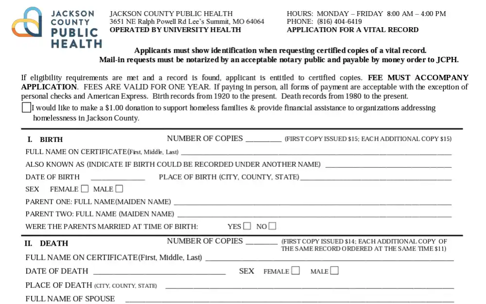 A screenshot of the form used to obtain birth and death documents in Jackson County.