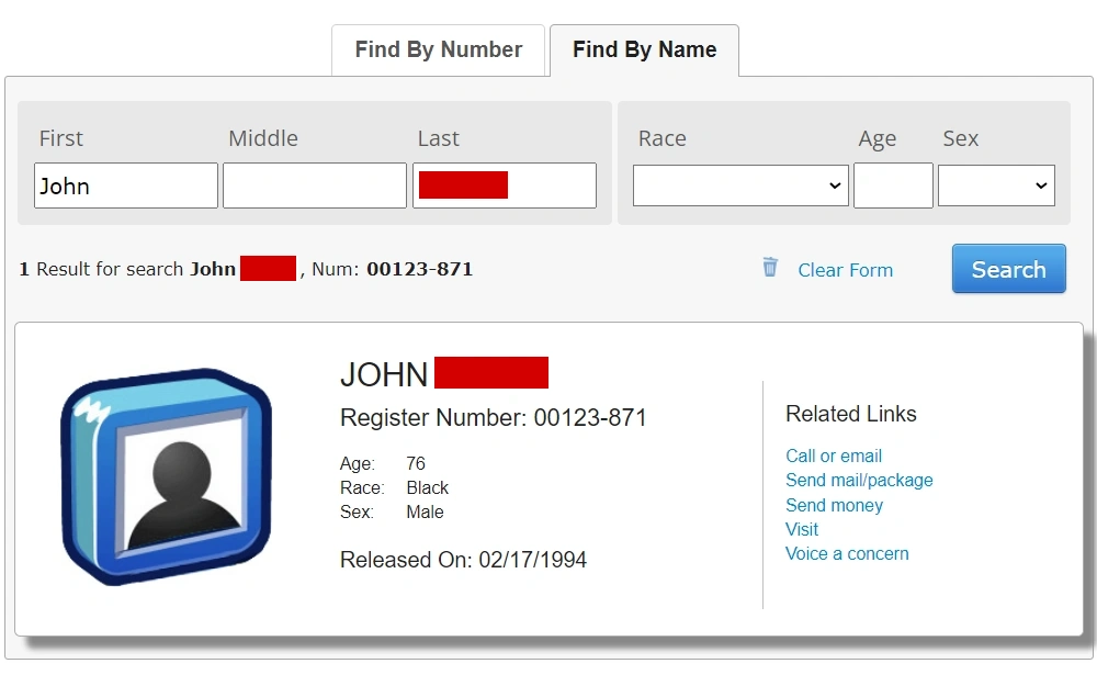 A screenshot of the BOP inmate locator offered by the Federal Bureau of Prisons, where the user can look up federal inmates now, and dating back to 1982; both current and former inmates are displayed. 