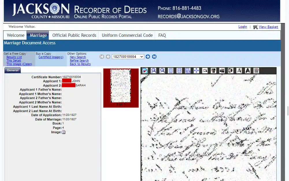 A screenshot of the online tool to view marriage documents dating all the way back to 1826.