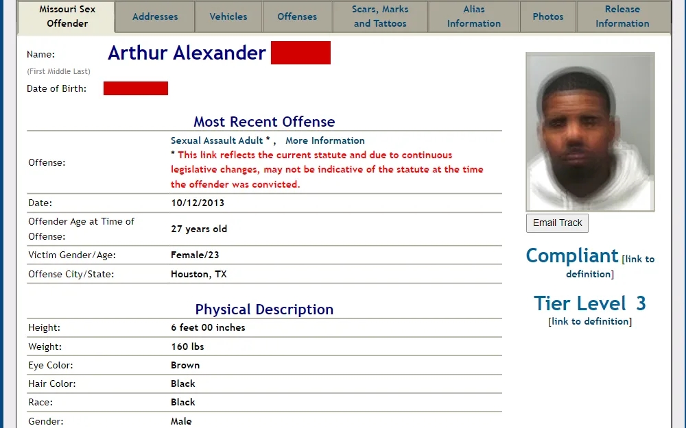 A screenshot of the search tool that provides a database for all individuals living in Missouri (not incarcerated) who are required to be registered as sex offenders.