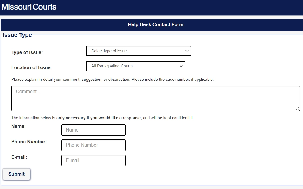 Screenshot of the online contact form for Jackson County with drop downs for the type and location of the issue, fields for the name and contact information of the sender, and the comment box.